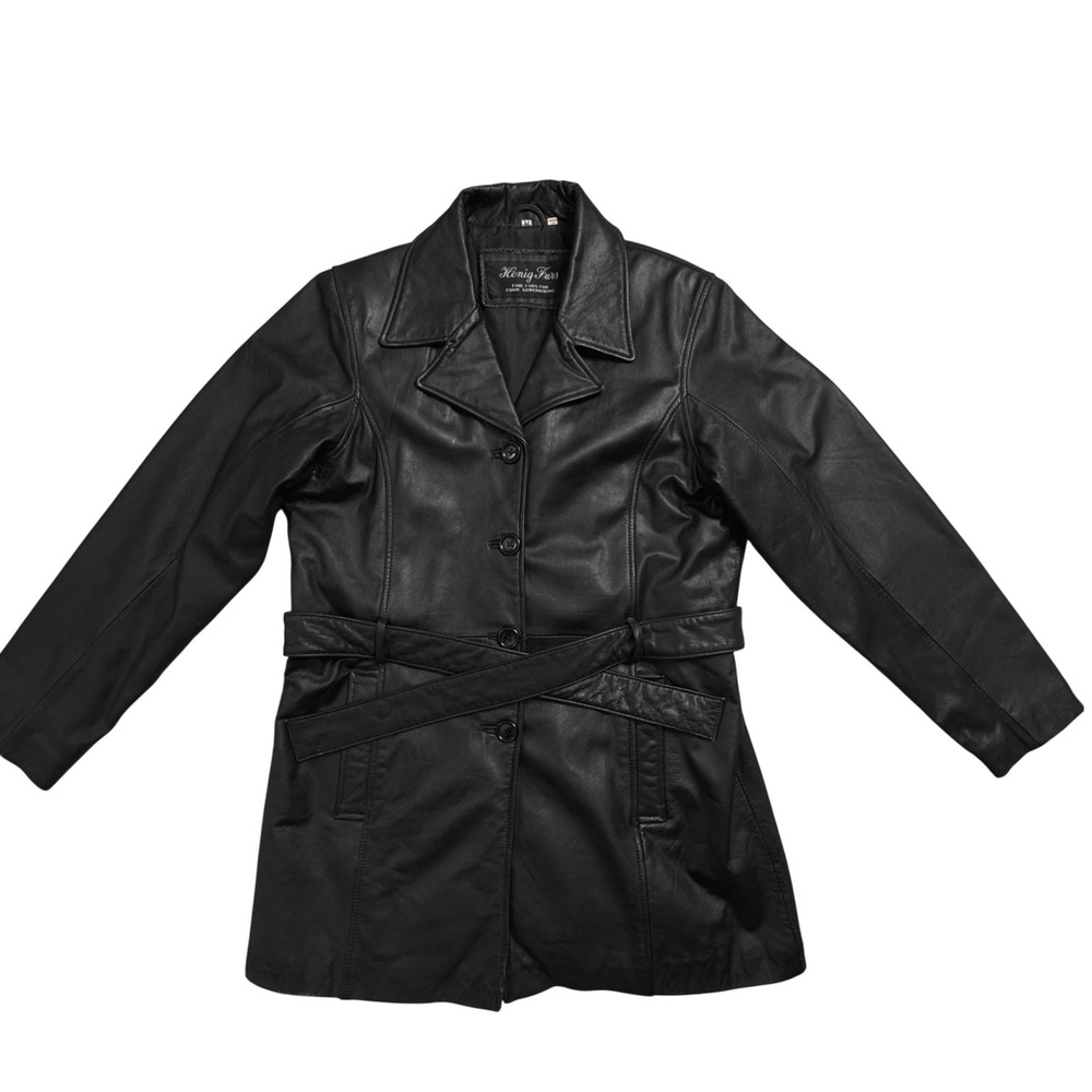 Henig Furs Genuine‎ Leather Belted Trench Coat Womens Size Medium Black